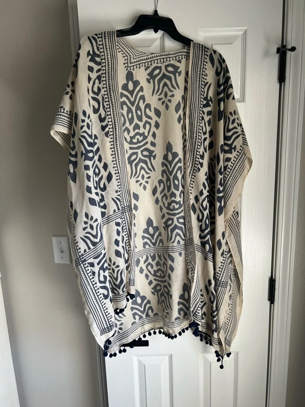 Beige and Black Patterned Kimono with Pom Trim